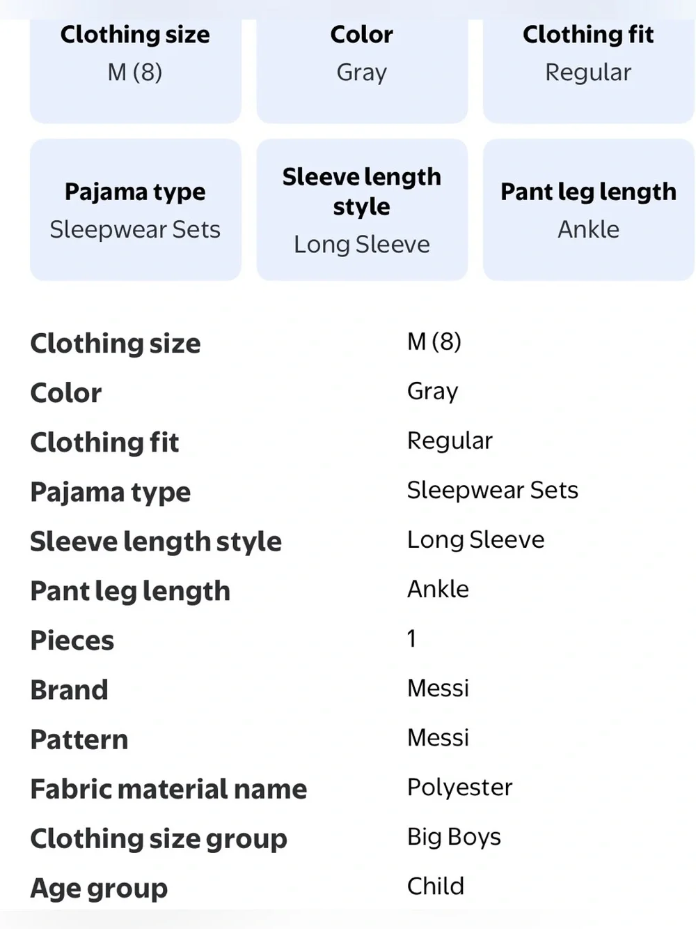 NWT Messi Boys 2 Piece Pajama Set Gray Black Long Sleeve Sleepwear Size M (8)